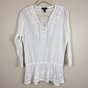 Lauren Ralph Lauren Embroidered Lace Trim Top Large White Cotton Cottagecore